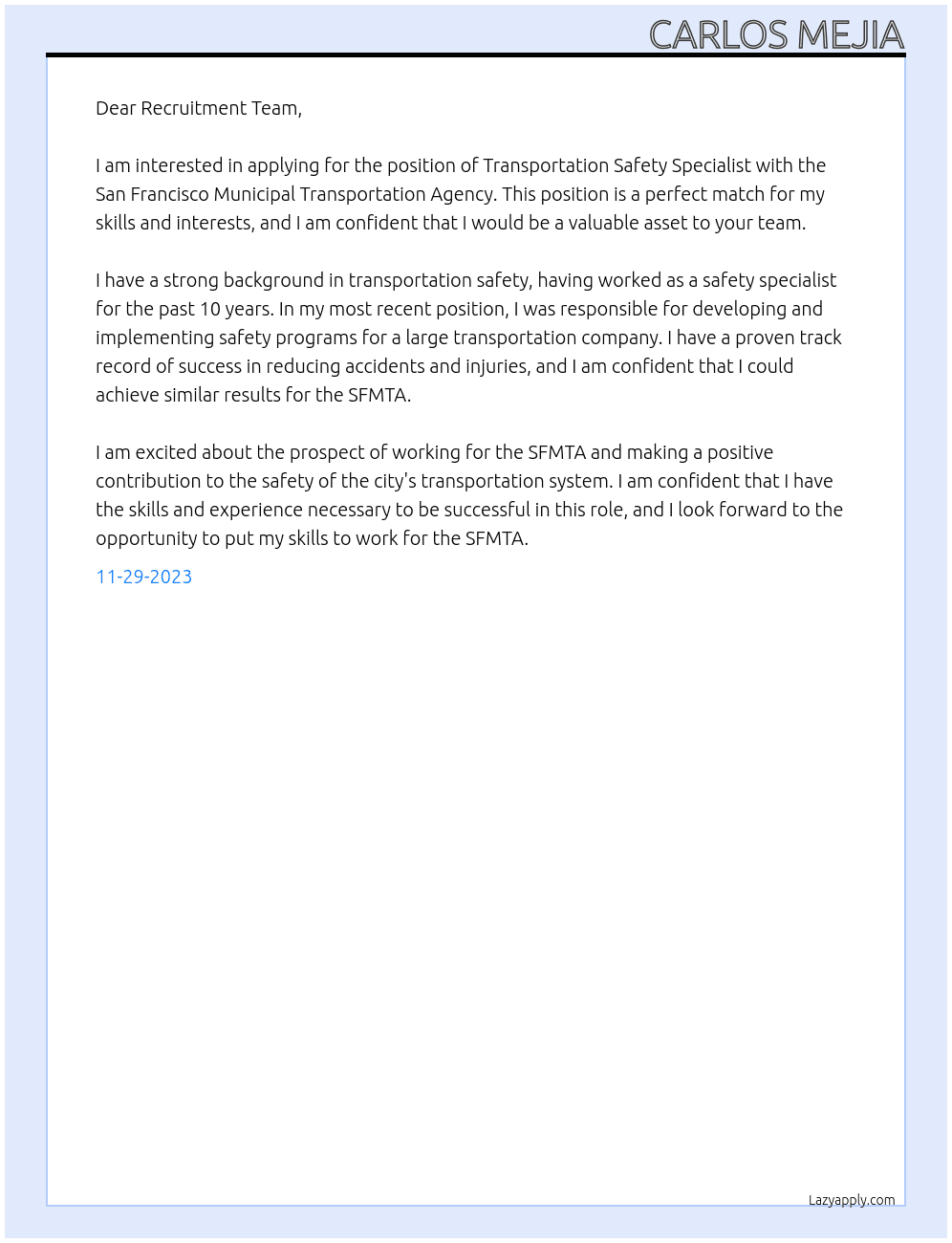 Transportation Safety Specialist - San Francisco Municipal Transportation Agency At City of San Francisco Cover Letter