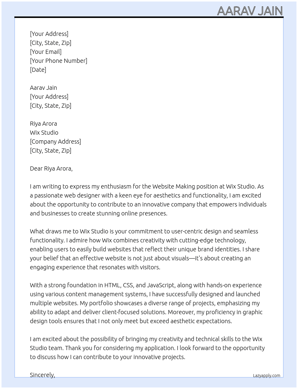 Cover letter for website making - LazyApply