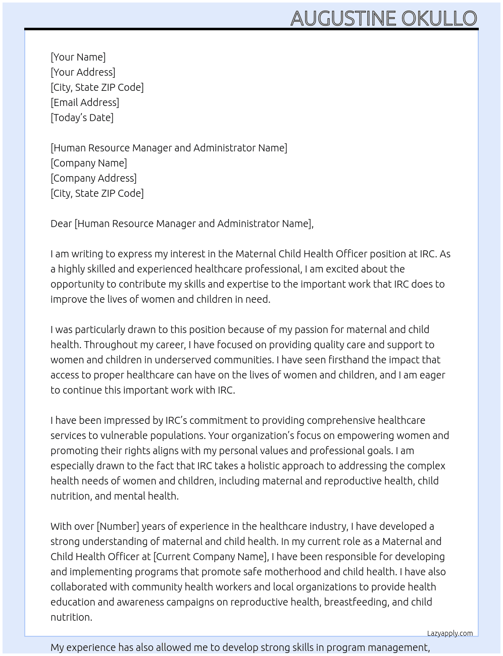 Maternal Child health officer At IRC Cover Letter