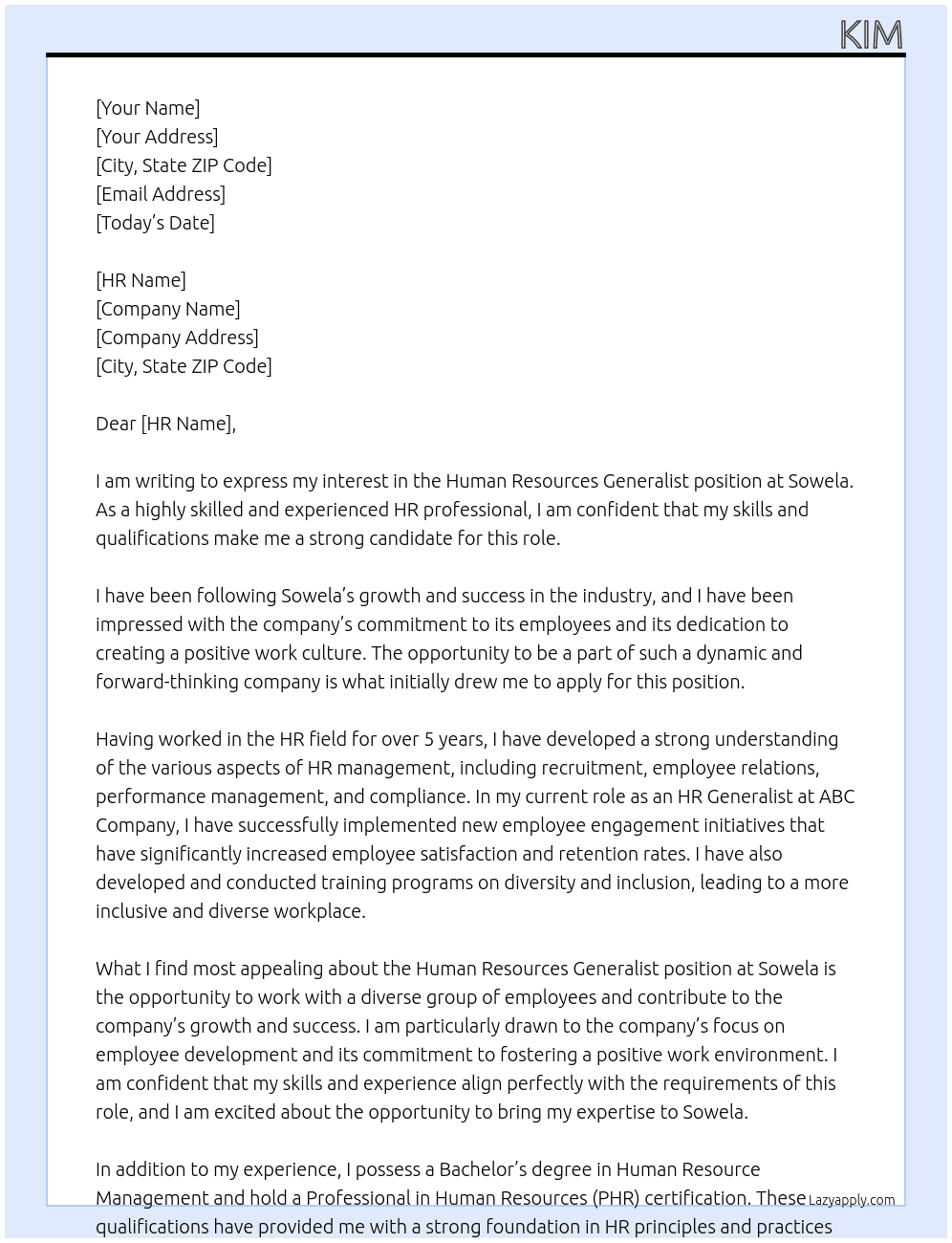 Human Resources Generalist At Sowela Cover Letter