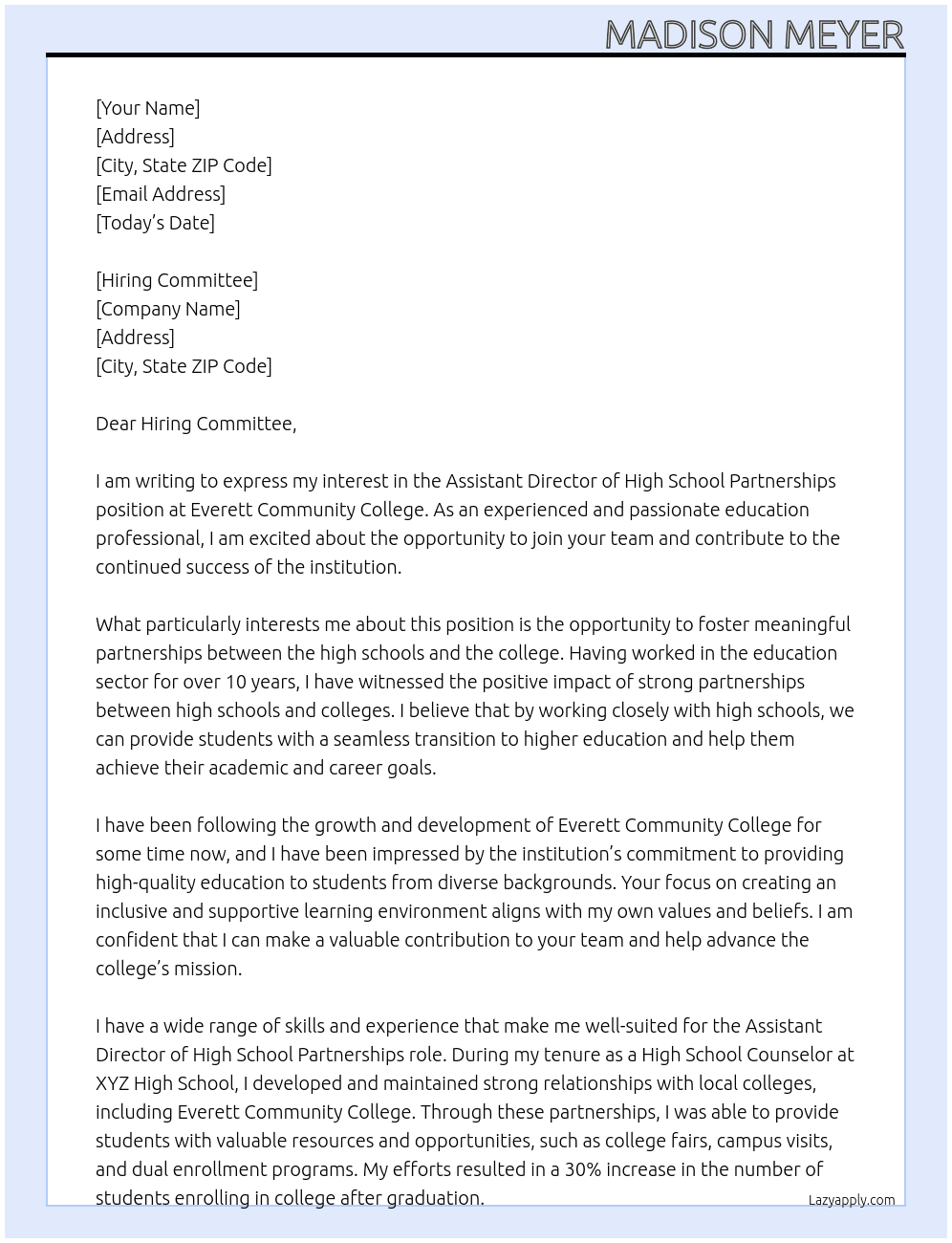Assistant Director of High School Partnerships At Everett Community College Cover Letter