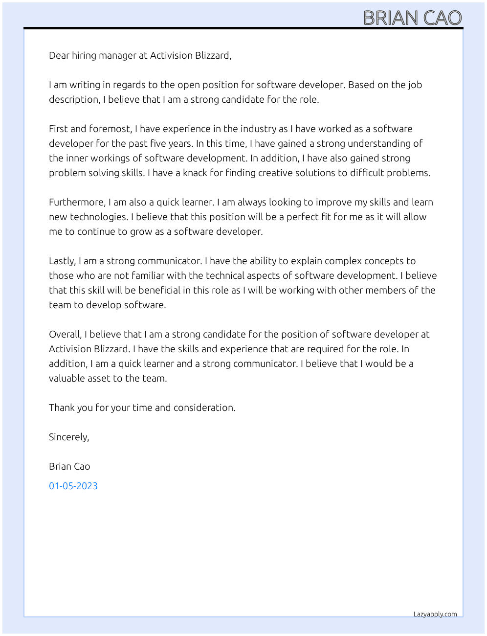 Software Developer At Activision Blizzard Cover Letter