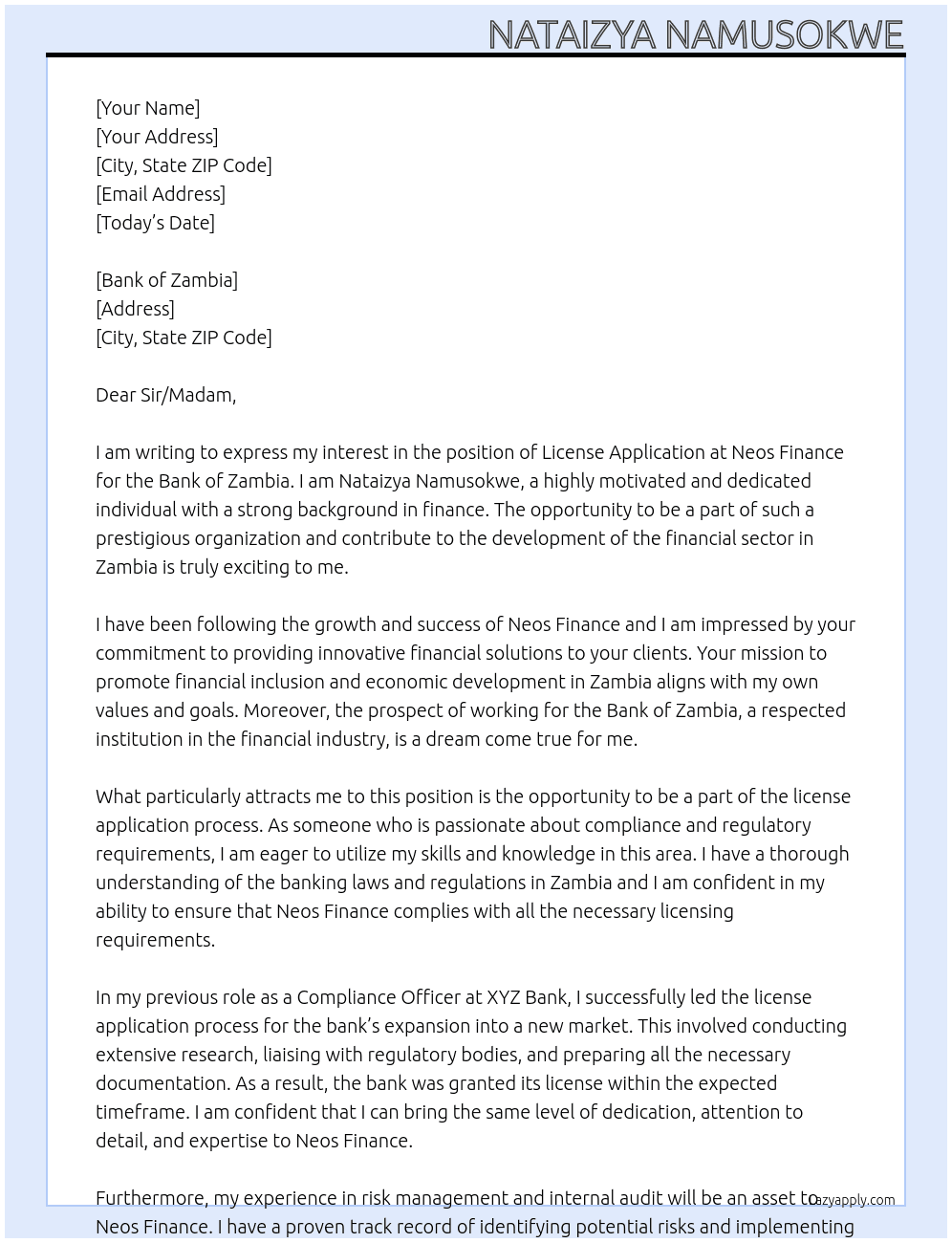 license application  At neos finance Cover Letter