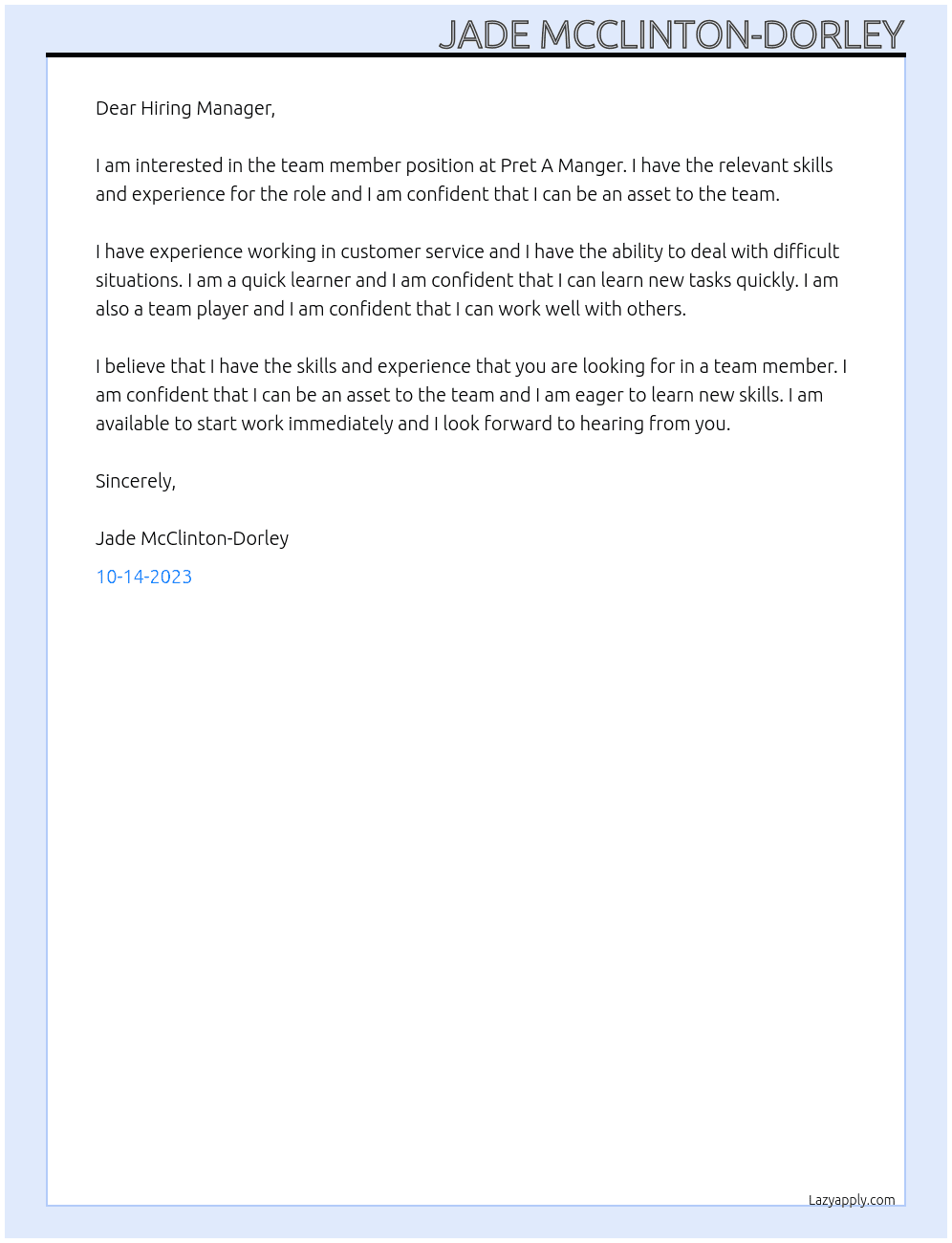 Team Member At Pret A Manger Cover Letter
