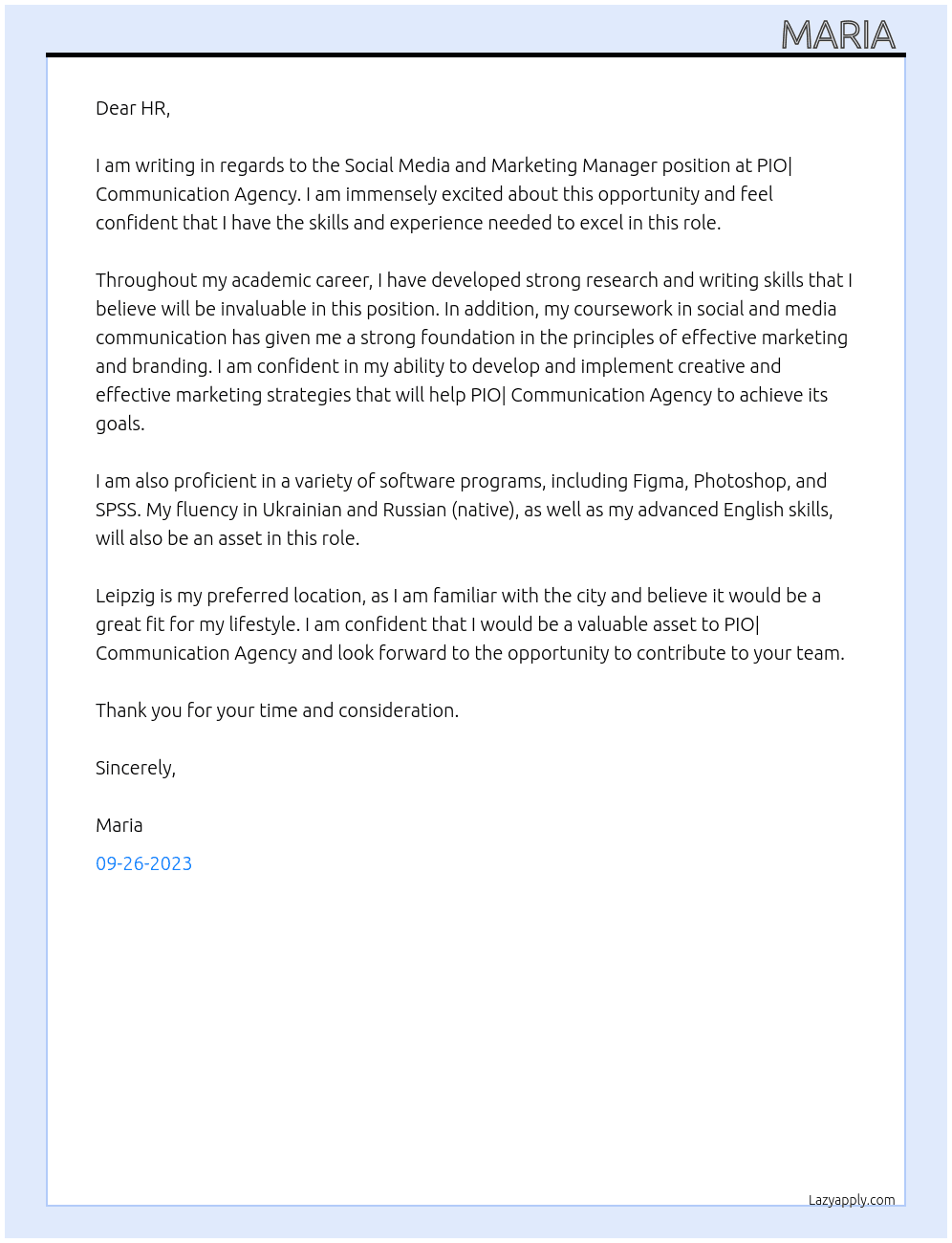 Social Media and Marketing Manager  At PIO| Communication Agency  Cover Letter