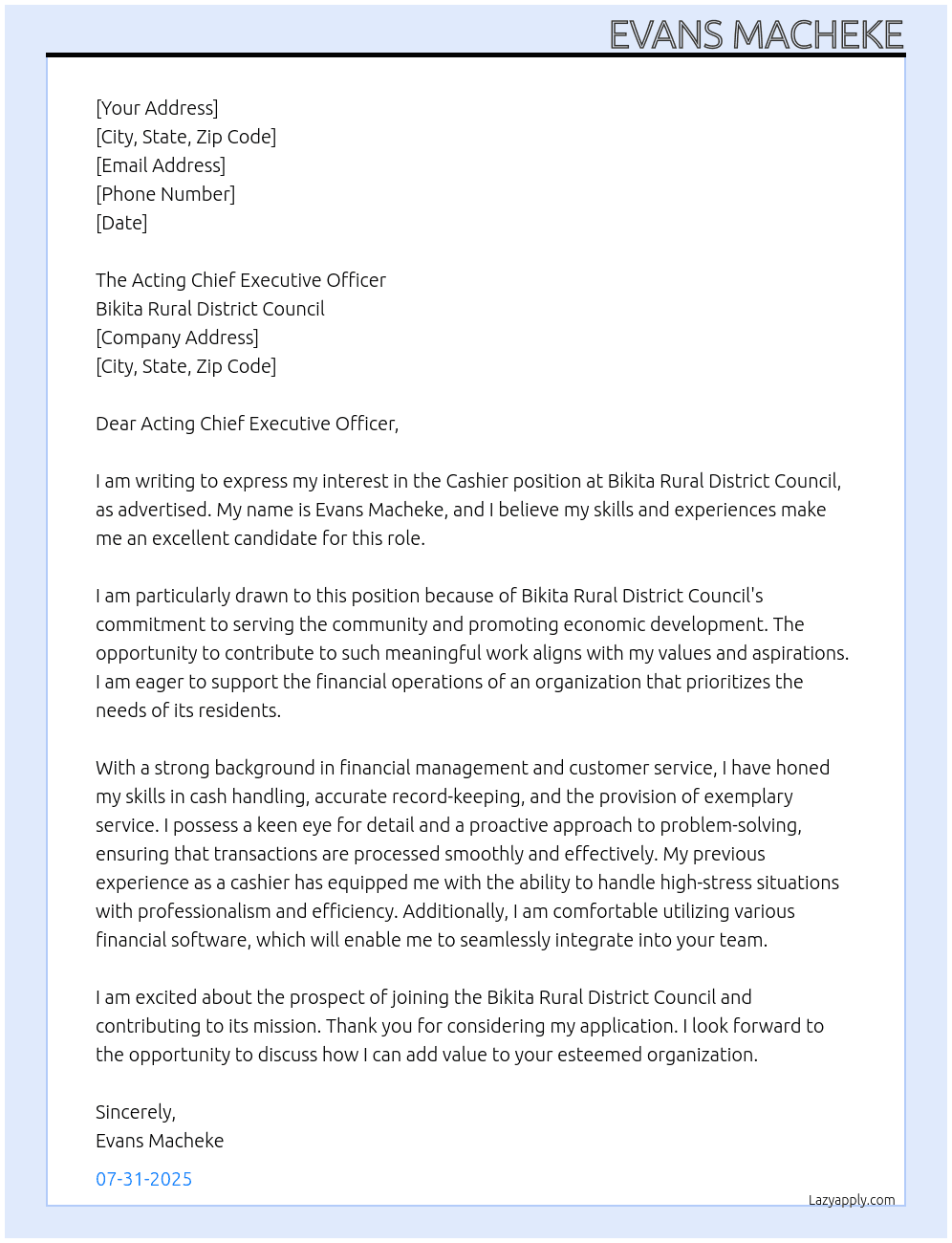 Cashier At Bikita Rural District Council Cover Letter