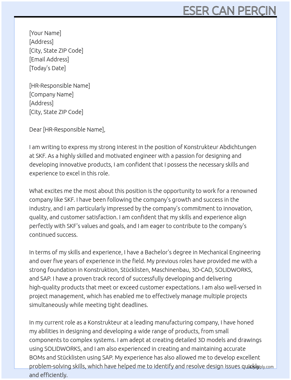 Konstrukteur Abdichtungen At SKF Cover Letter