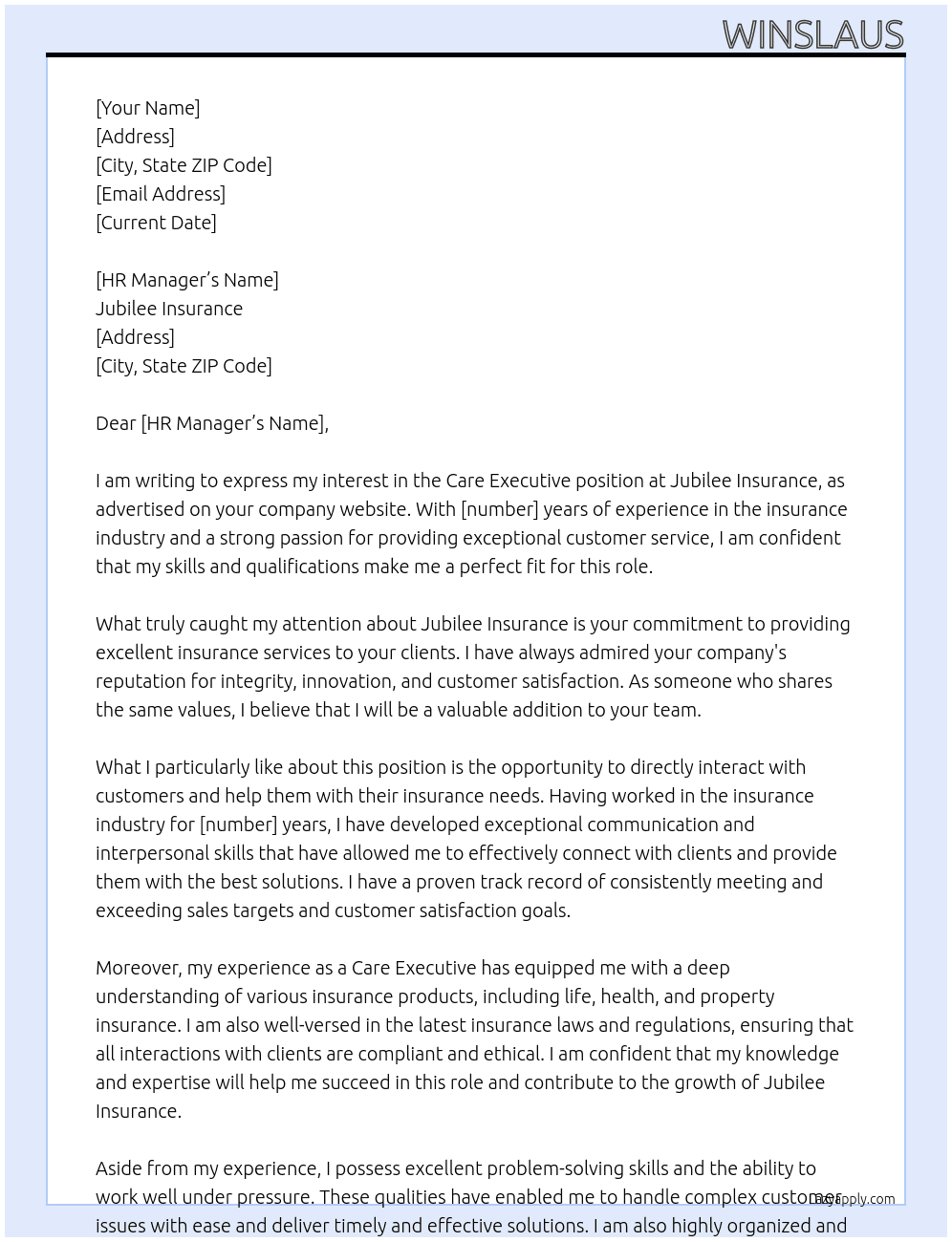 care executive At jubilee insurance Cover Letter