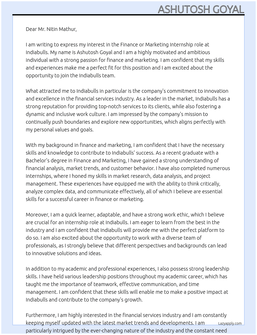Finance or Marketing  At indiabulls Cover Letter