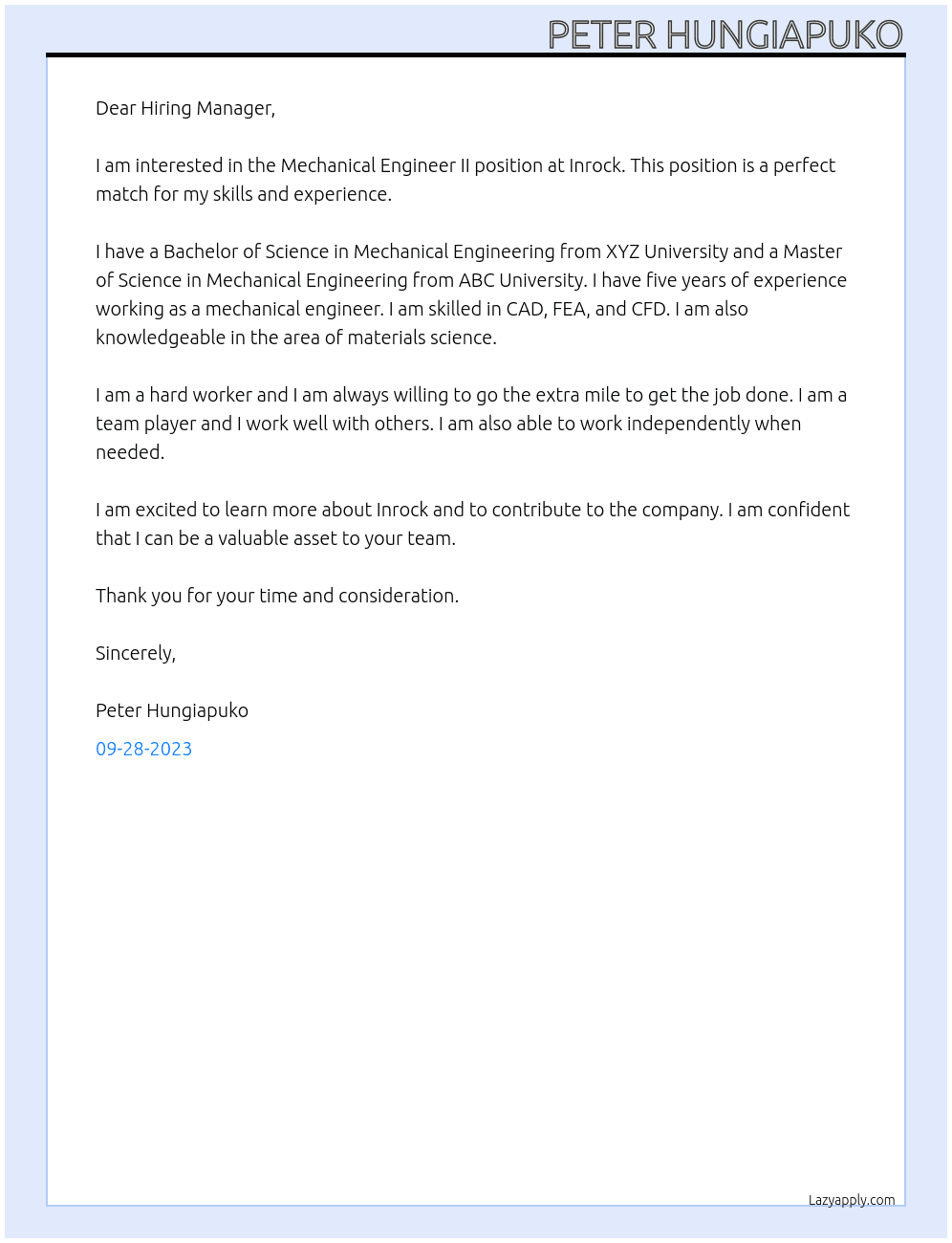 Mechanical Engineer II At Inrock Cover Letter