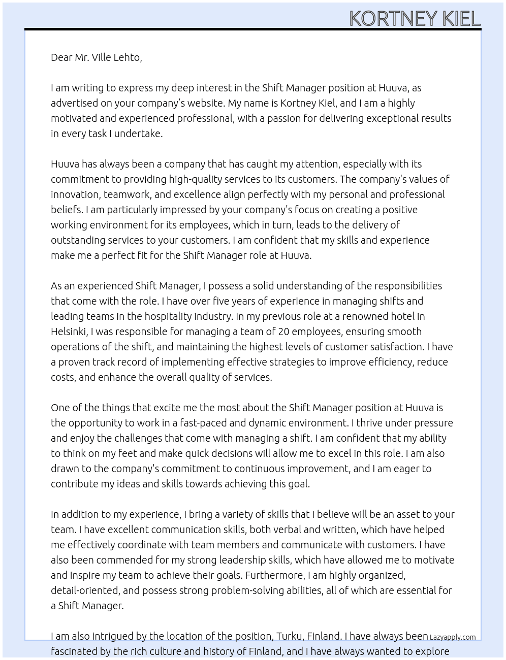 Shift Manager At Huuva Cover Letter