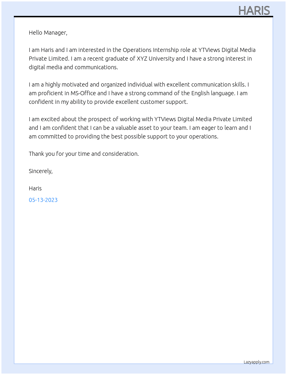 Operations At YTViews Digital Media Private Limited  Cover Letter