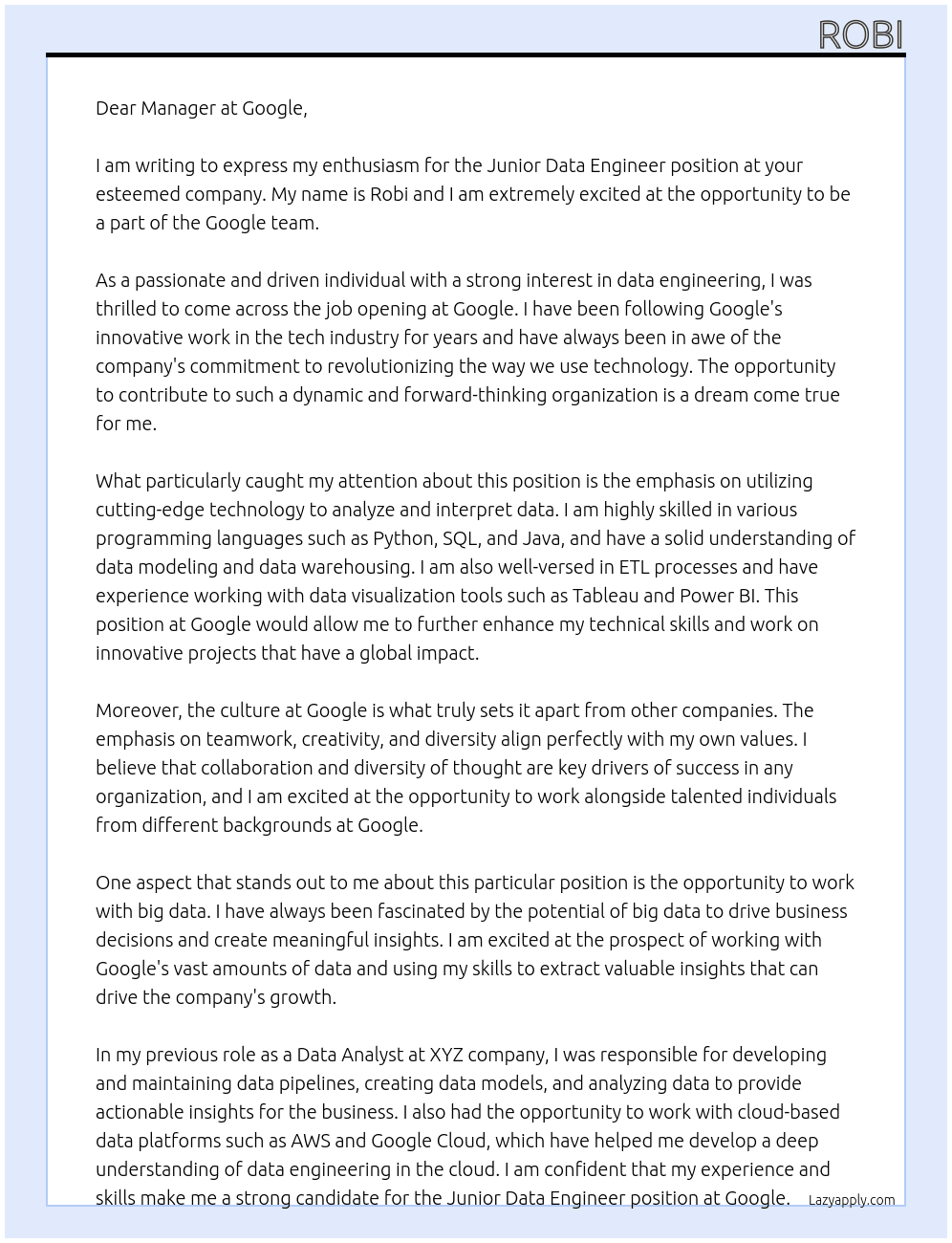 junior data engineer At google Cover Letter