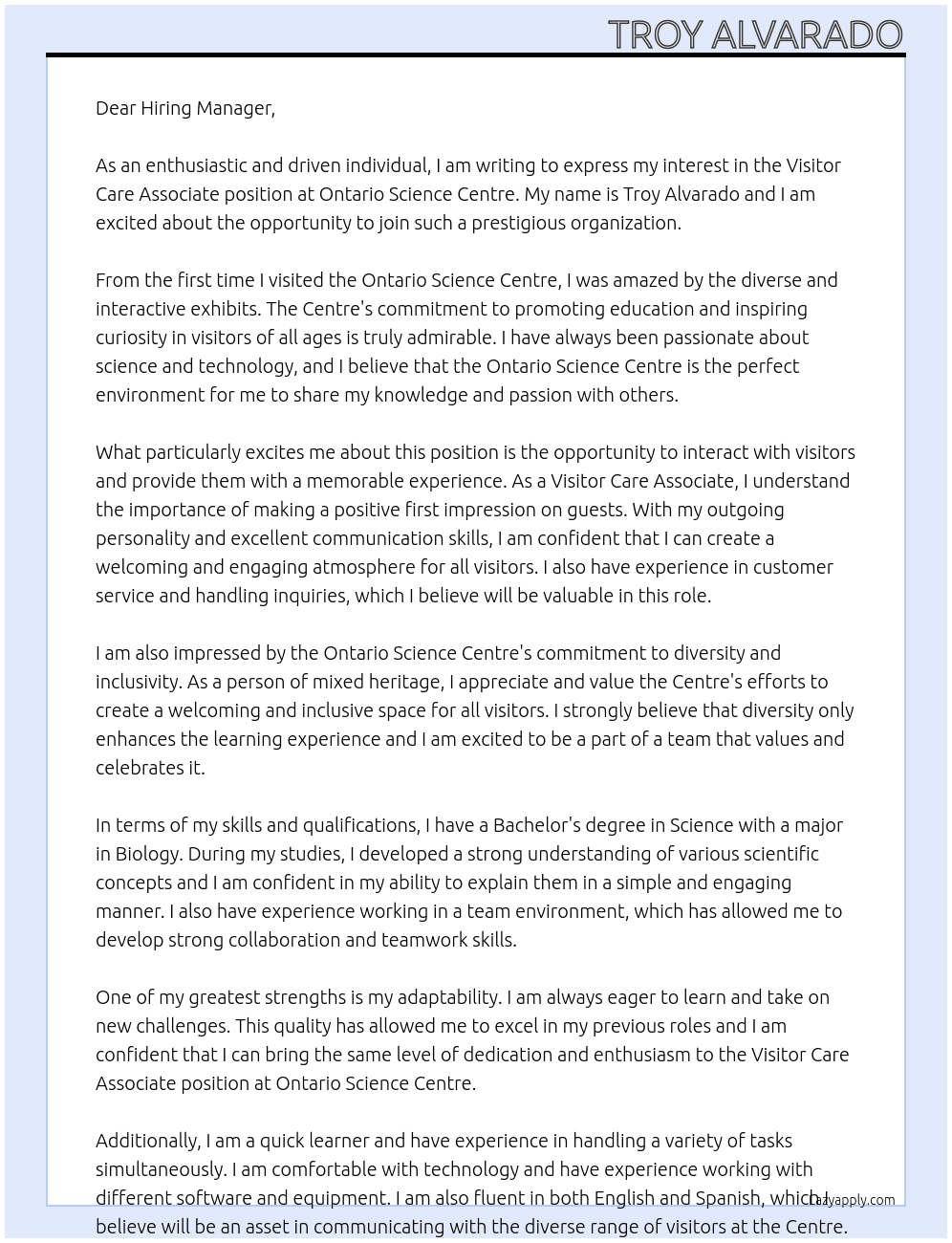 Visitor care Associate At Ontario Science Centre Cover Letter
