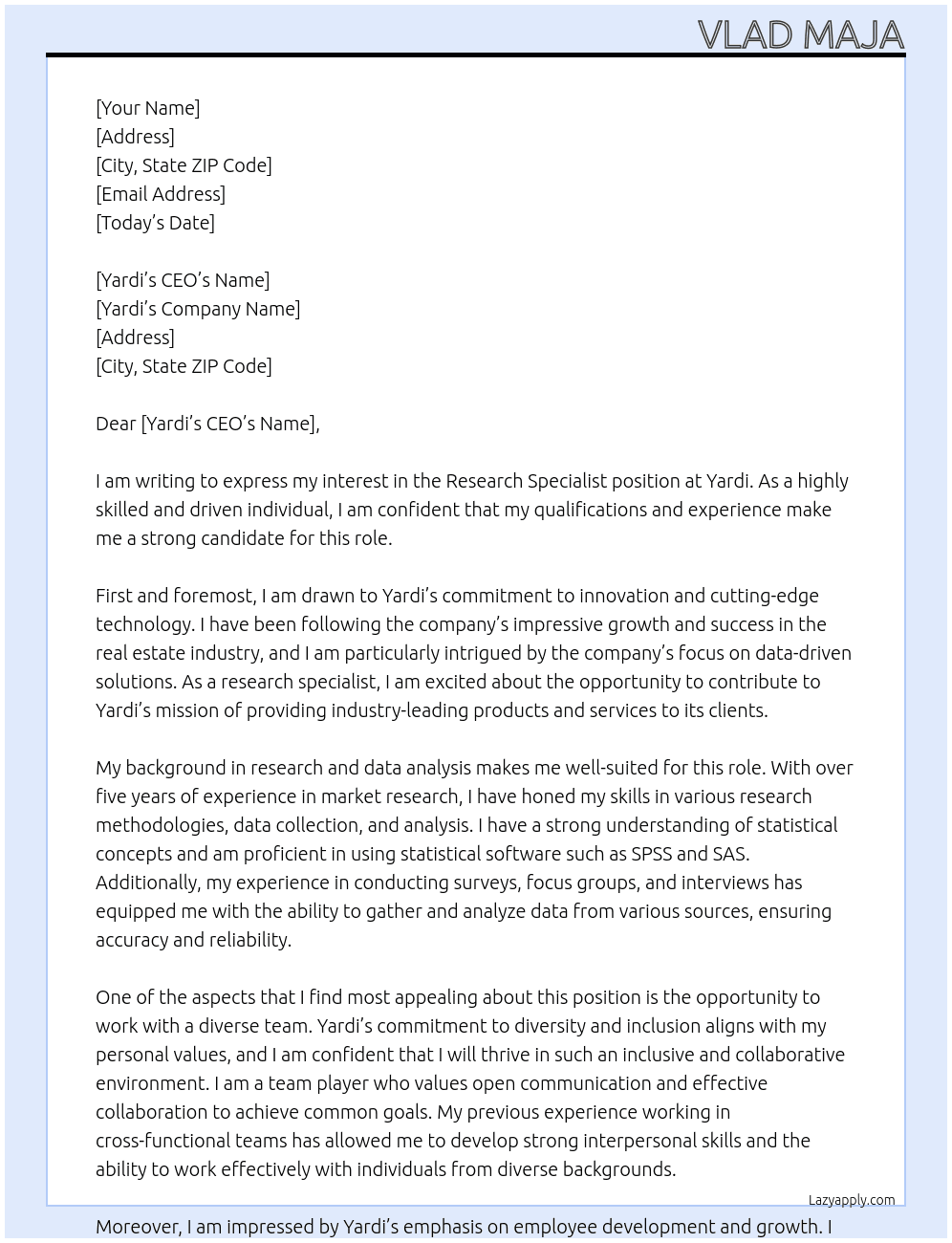 Research Specialist At Yardi Cover Letter