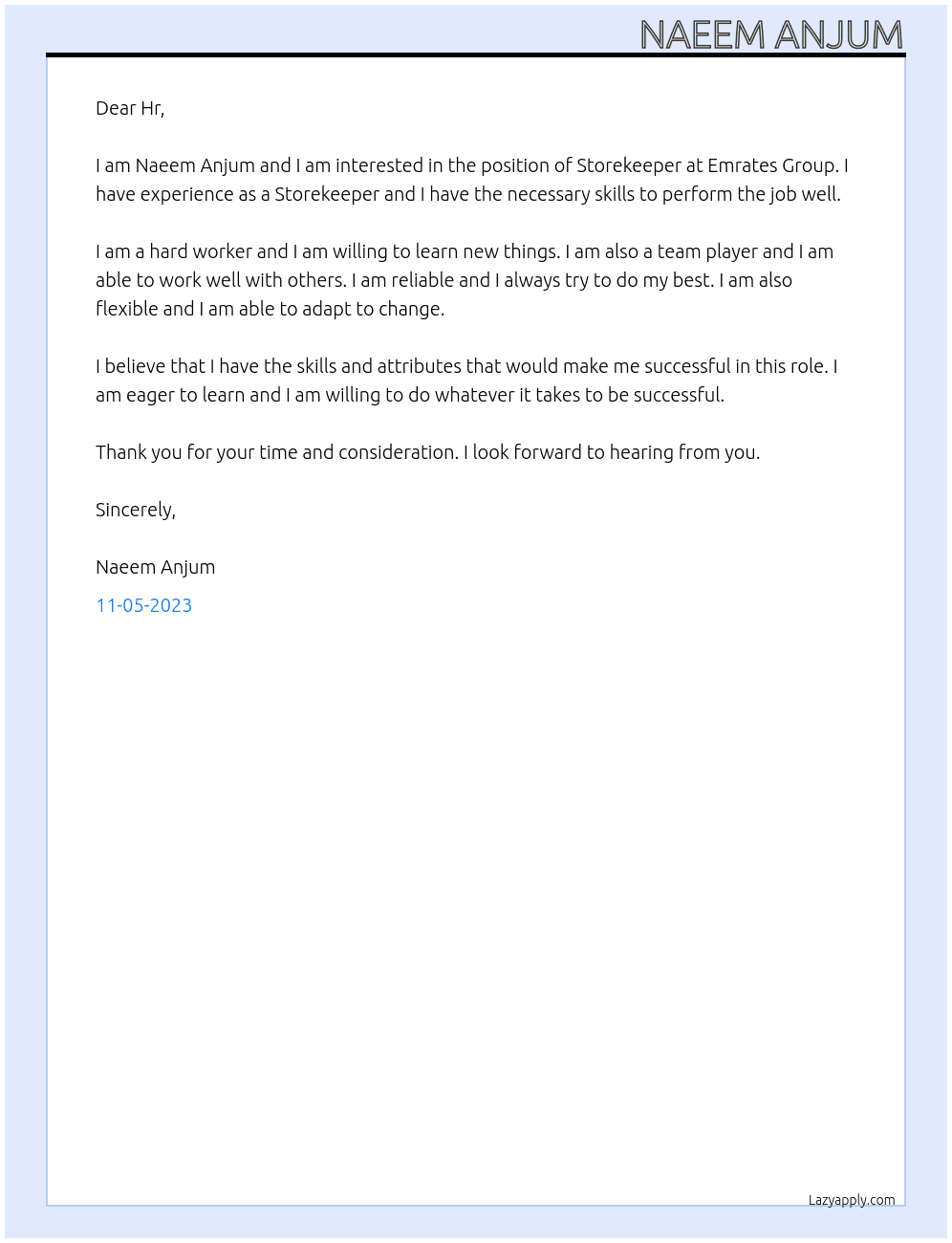Storekeeper  At Emrates Group  Cover Letter