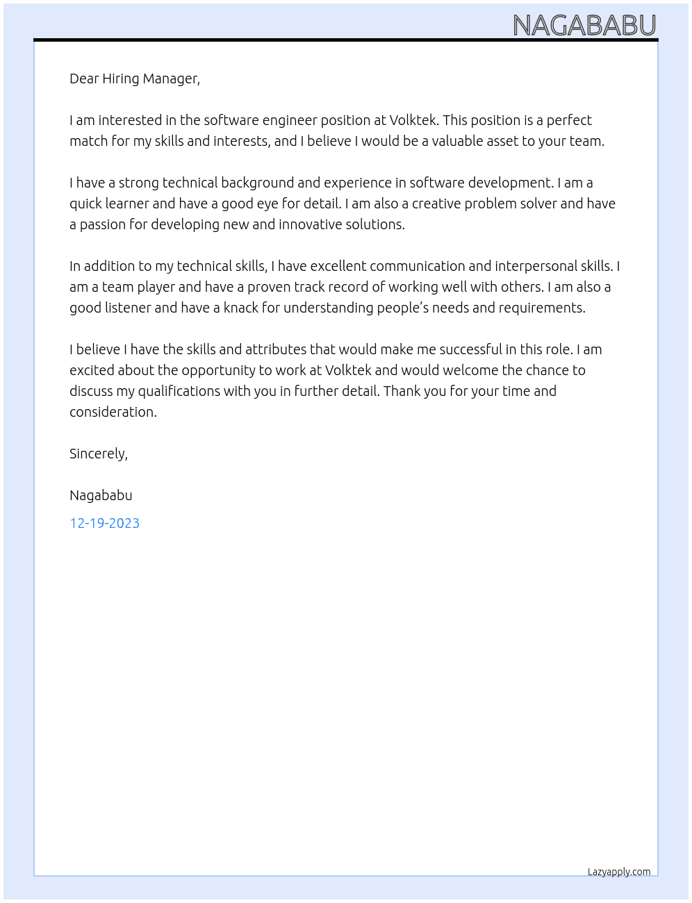 software engineer At Volktek Cover Letter