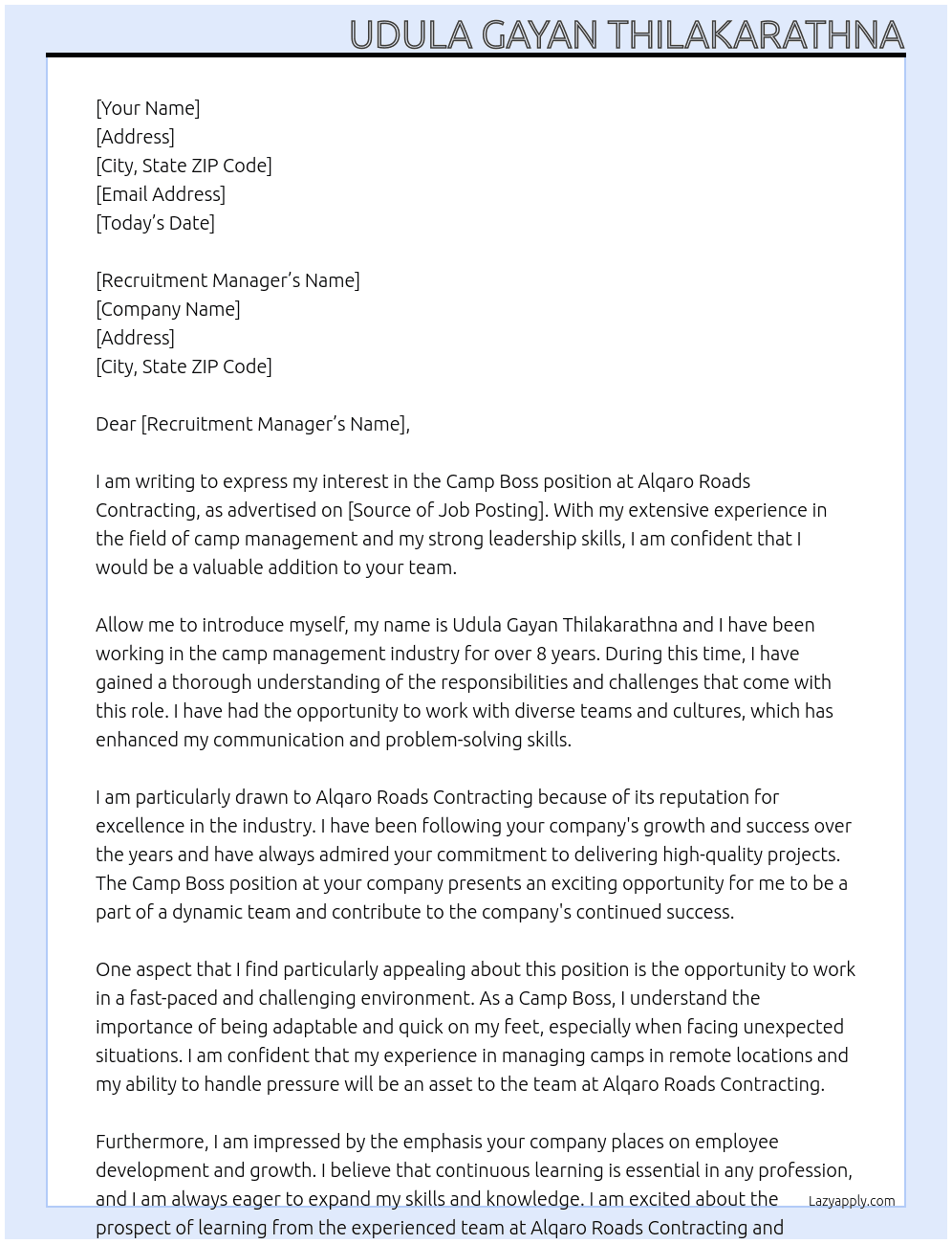 camp boss At Alqaro Roads Contracting Cover Letter