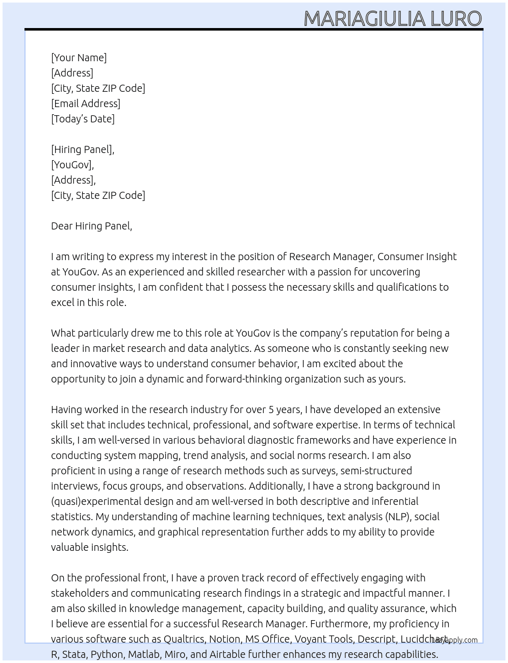 Research Manager, Consumer Insight At YouGov Cover Letter
