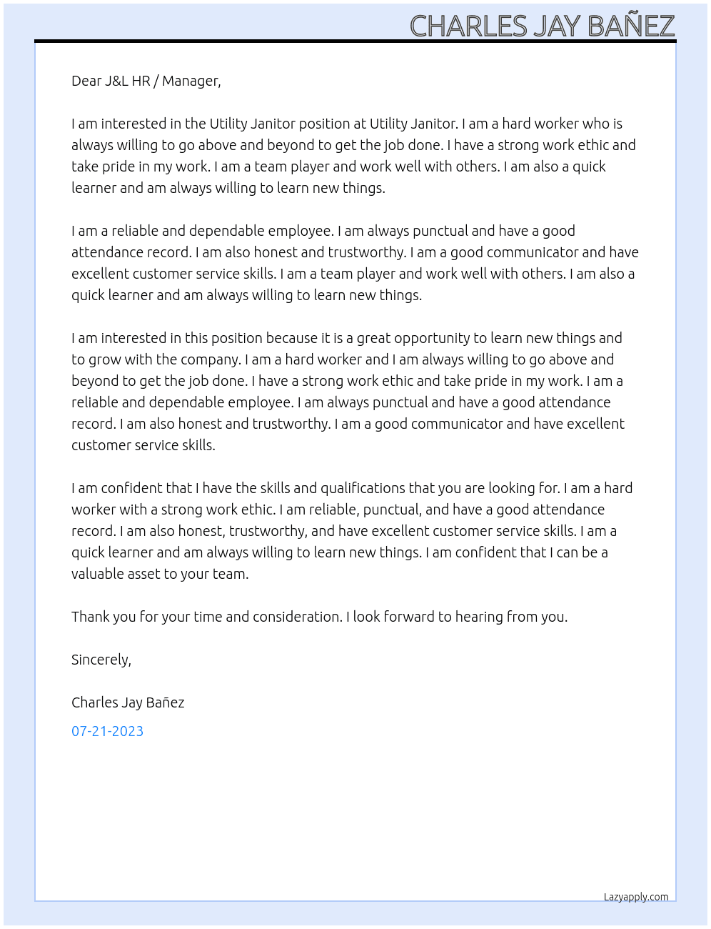 Company At Utility Janitor Cover Letter