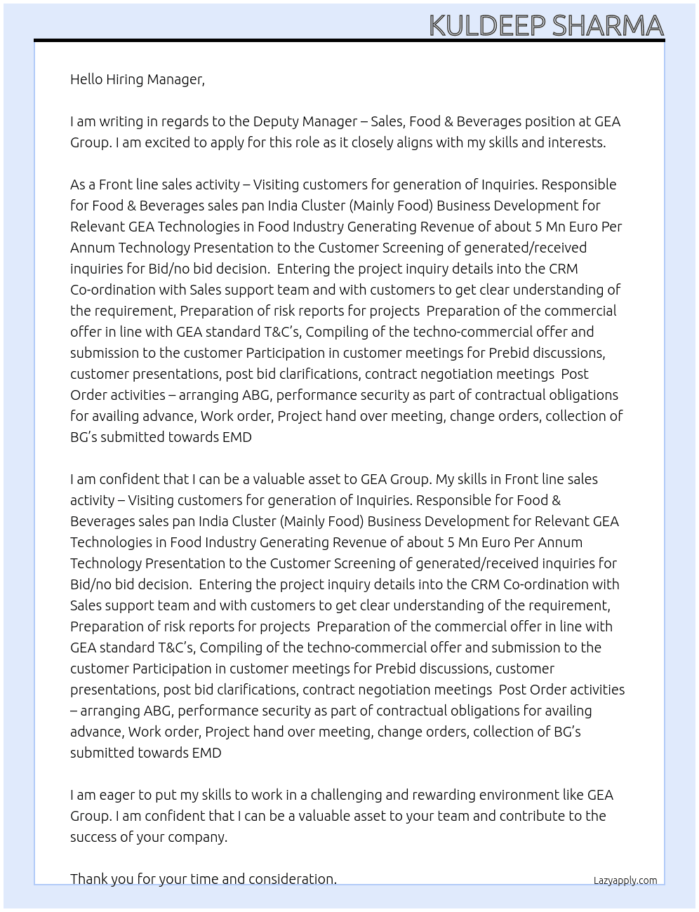 Deputy Manager – Sales, Food & Beverages At GEA Group Cover Letter