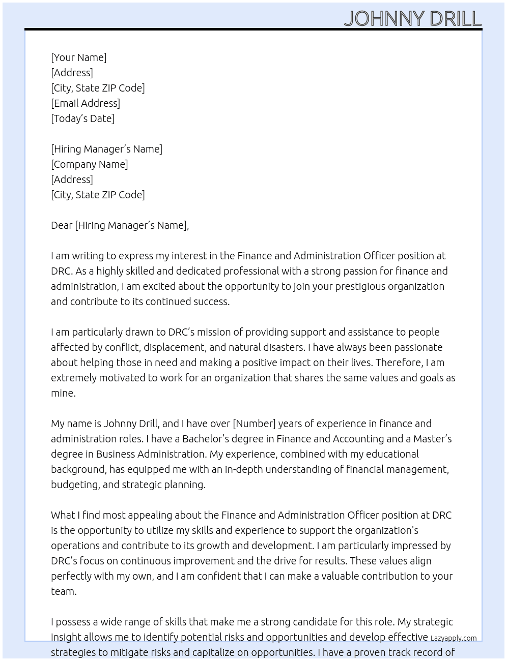 Finance and Administration Officer At DRC Cover Letter