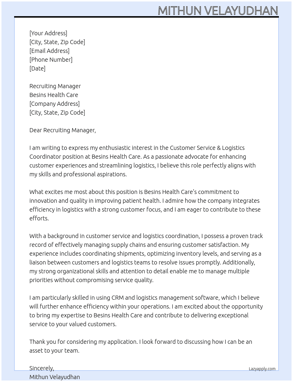 Customer Service & Logistics Coordinator  At Besins Health care Cover Letter