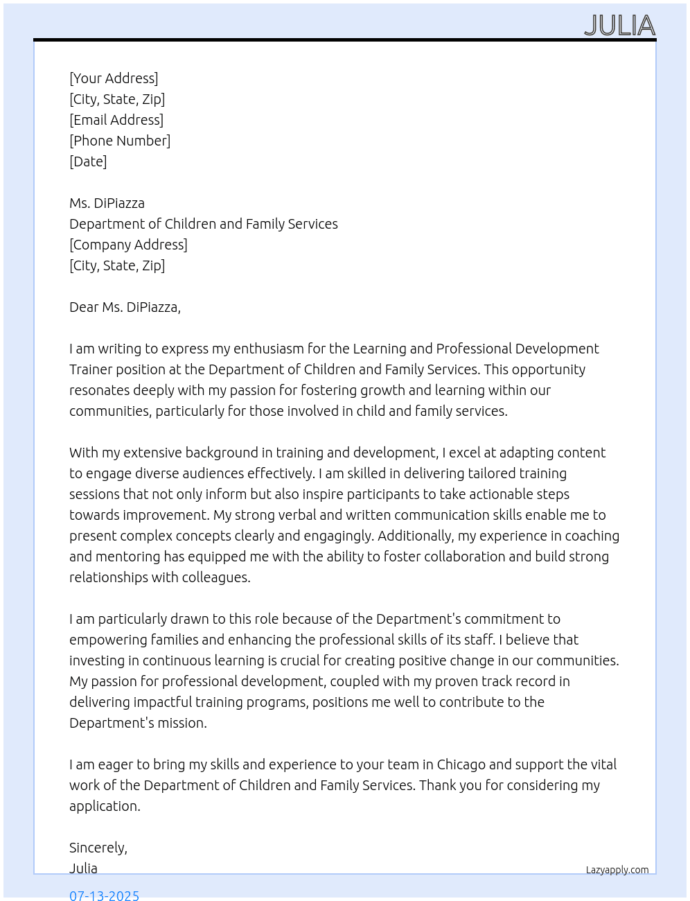 Learning and Professional Development Trainer At  Department of Children and Family Services Cover Letter