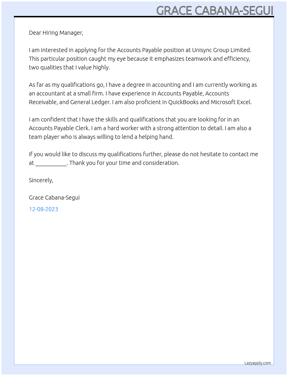 Accounts Payable At Unisync Group Limited Cover Letter