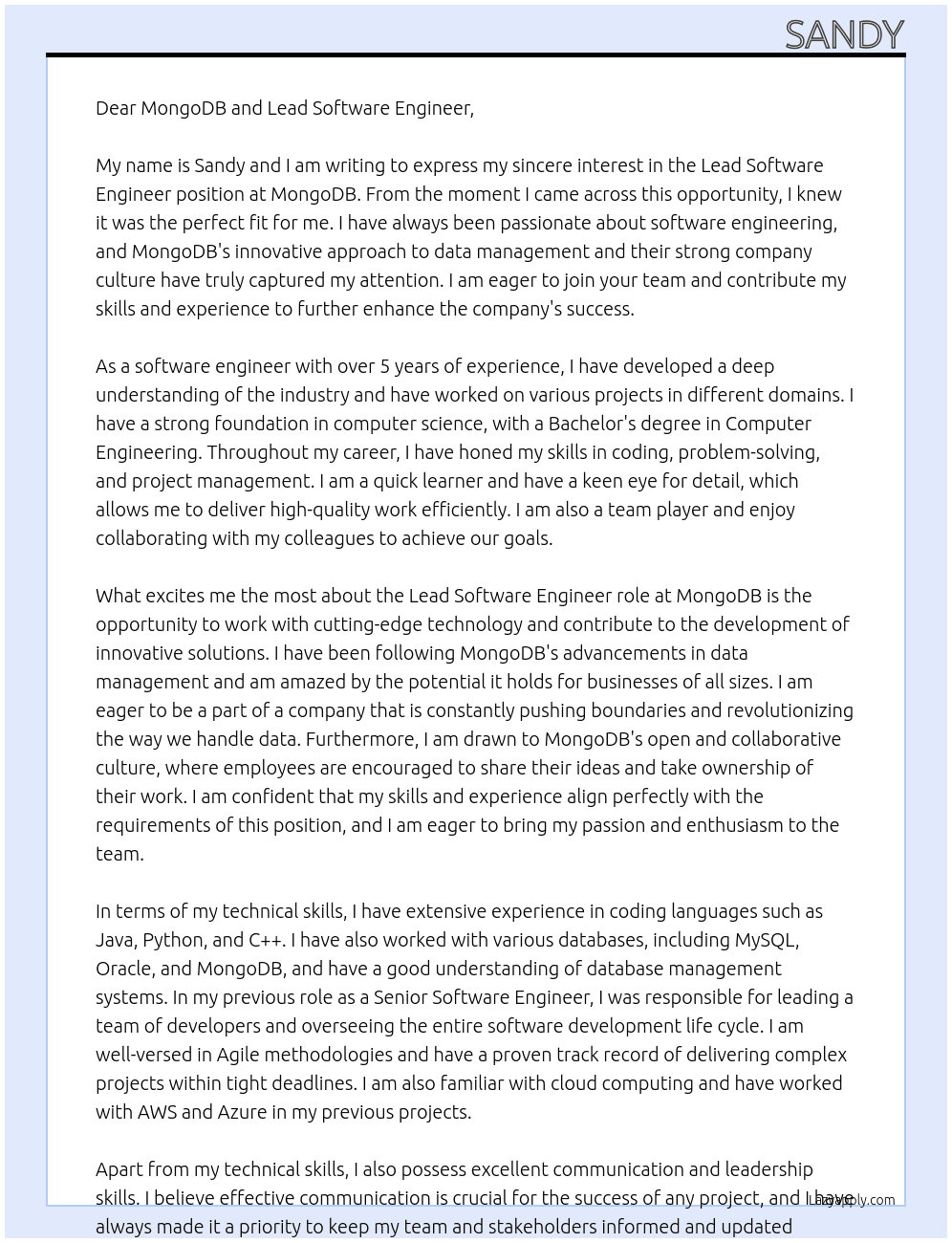 lead software engineer At MongoDB Cover Letter