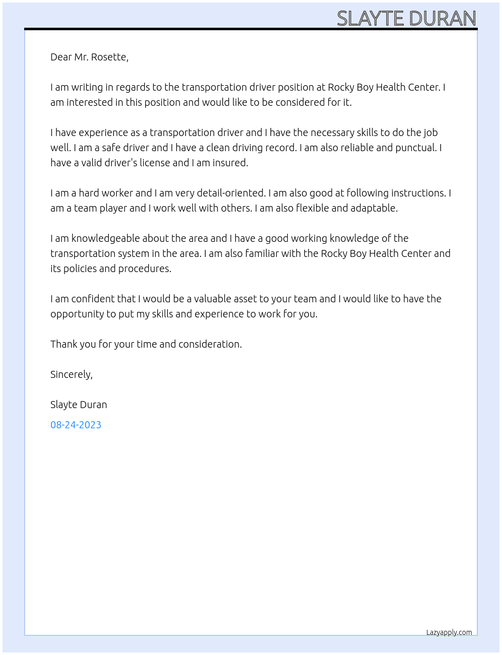 Transportation Driver At Rocky Boy Health Center Cover Letter