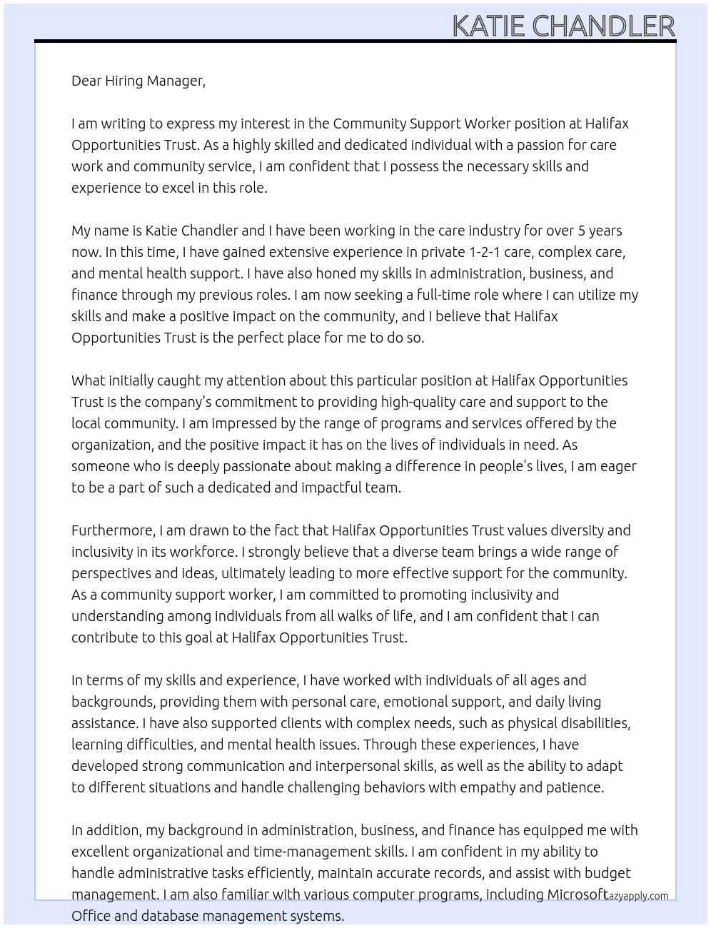 Community Support Worker At Halifax Opportunities trust Cover Letter