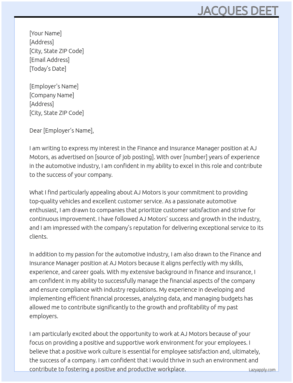 Finance and Insurance Manager At AJ Motors Cover Letter