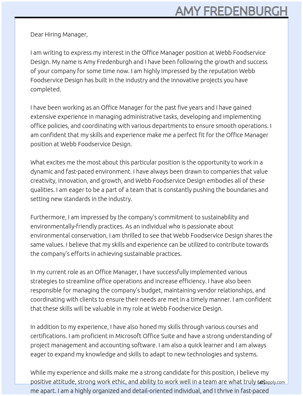 Office Manager At Webb Foodservice Design Cover Letter