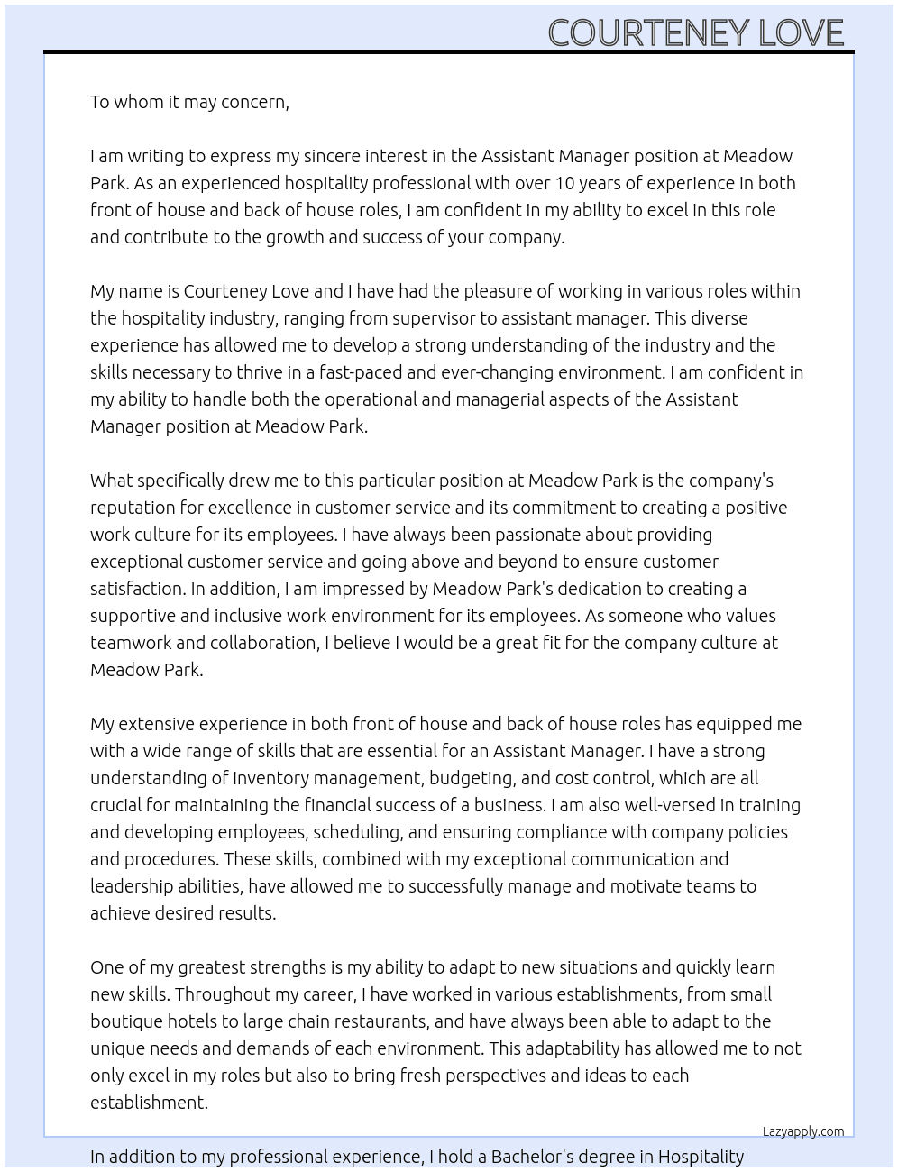 Assistant Manager  At Meadow park  Cover Letter