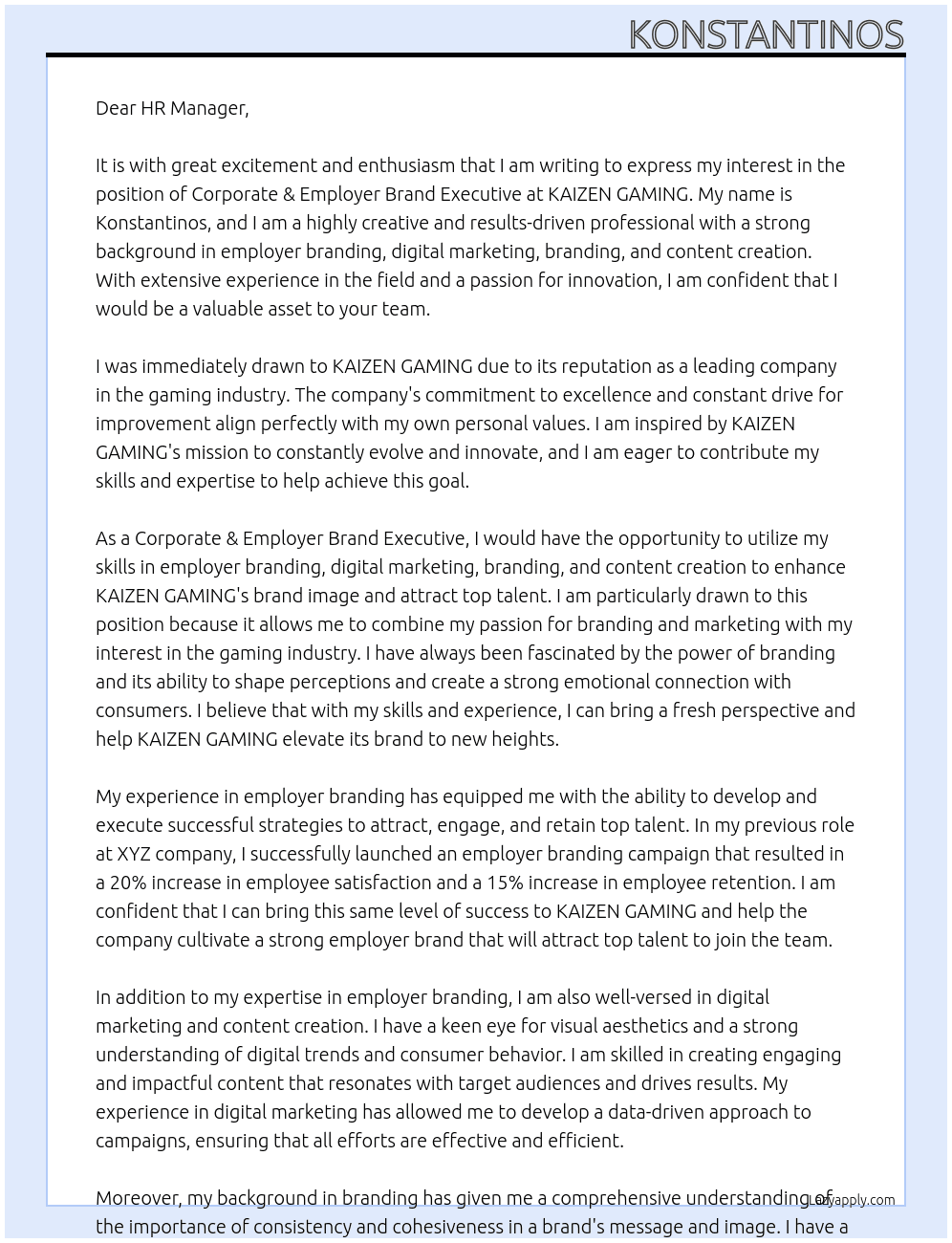 Corporate & Employer Brand Executive At KAIZEN GAMING Cover Letter