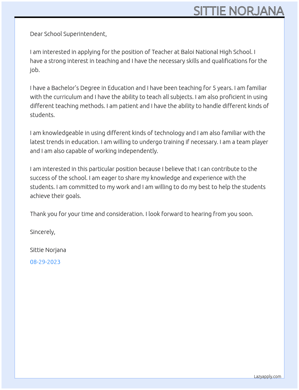 Teacher At Baloi National High School Cover Letter