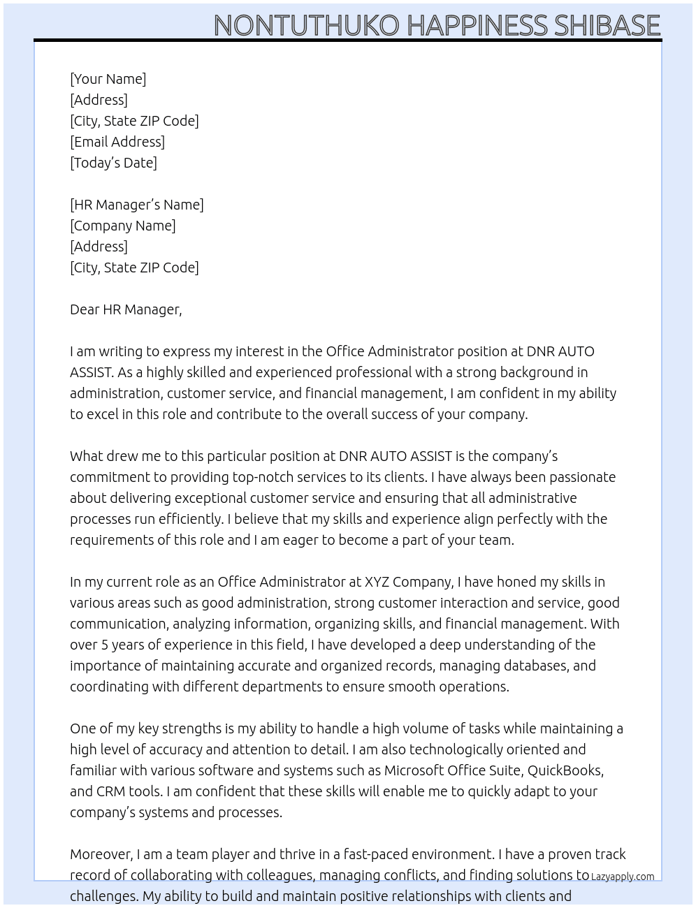 Office Administrator At DNR AUTO ASSIST Cover Letter