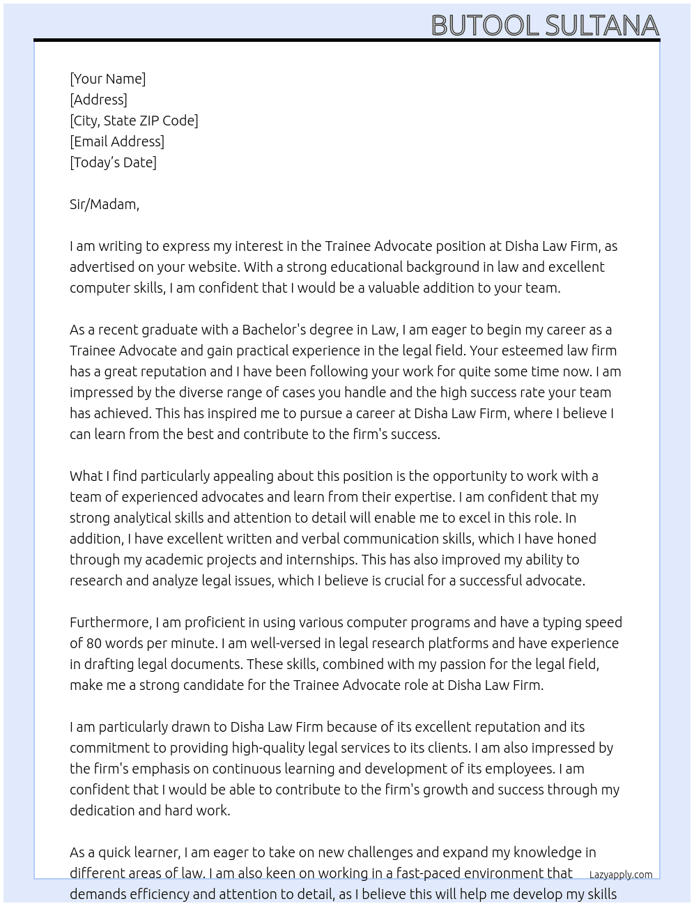 Trainee advocate  At Disha law firm  Cover Letter