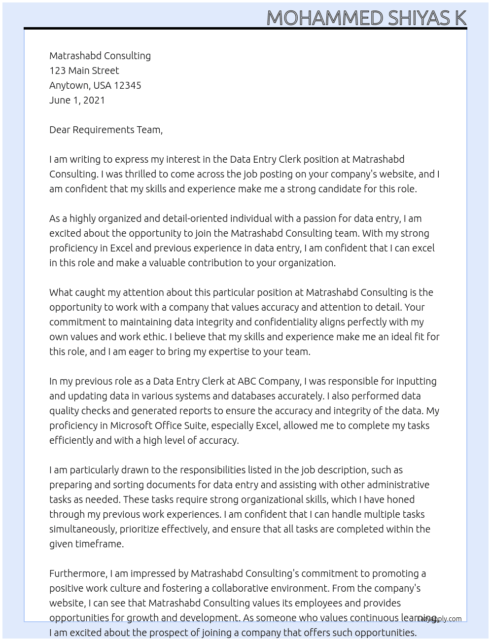 Data entry clark  At Matrashabd consulting Cover Letter