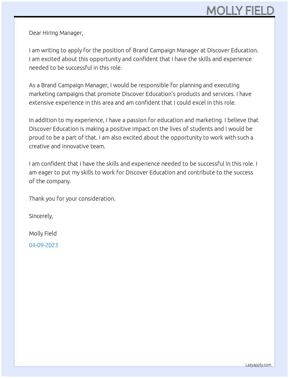 Brand Campaign Manager At Discover Education Cover Letter
