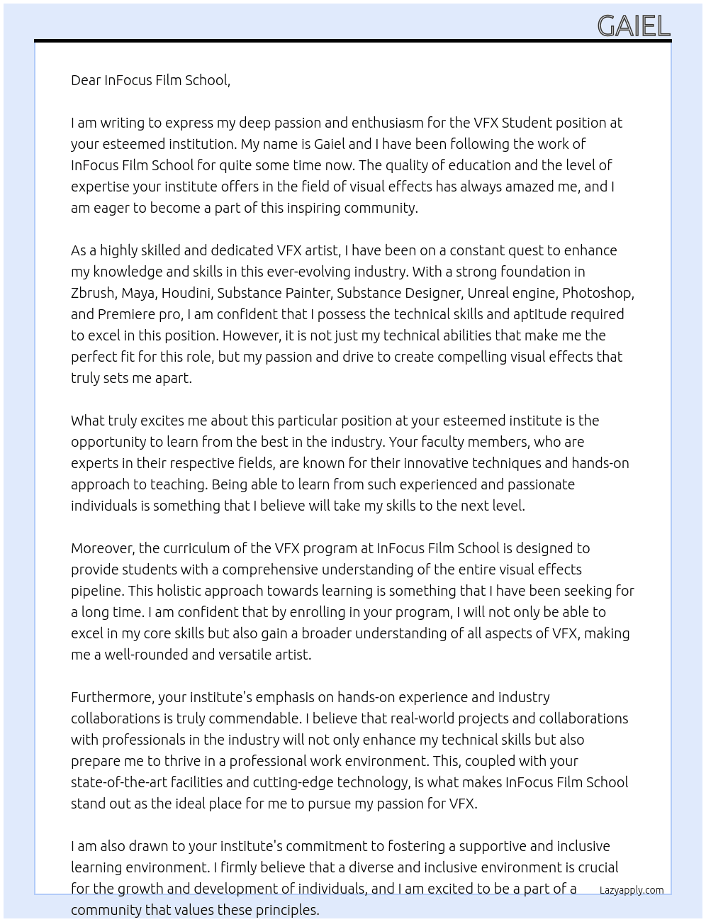 VFX Student At InFocus Film School Cover Letter