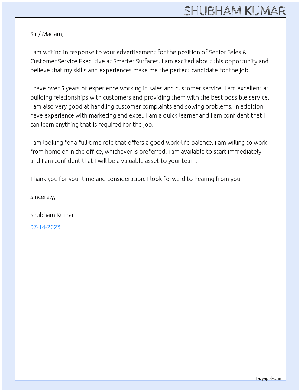 Senior sales & customer service executive  At Smarter surfaces Cover Letter