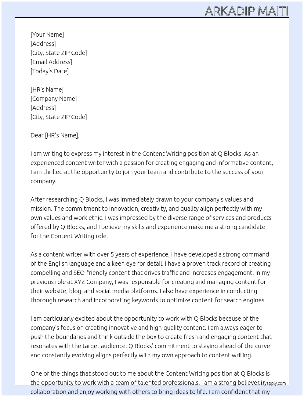 Content writing  At Q Blocks  Cover Letter