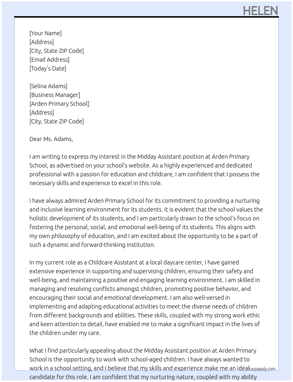 Midday Assistant At Arden Primary School Cover Letter
