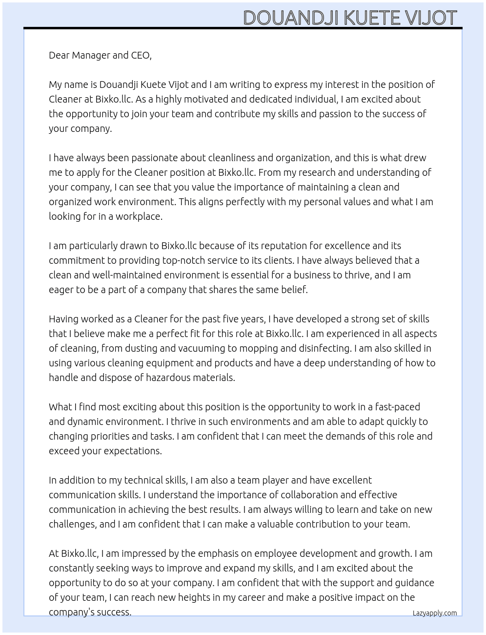 Cleaner At BIxko.llc Cover Letter