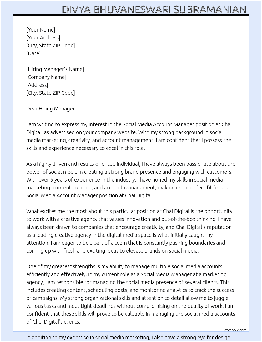 Social Media Account Manager At Chai Digital  Cover Letter
