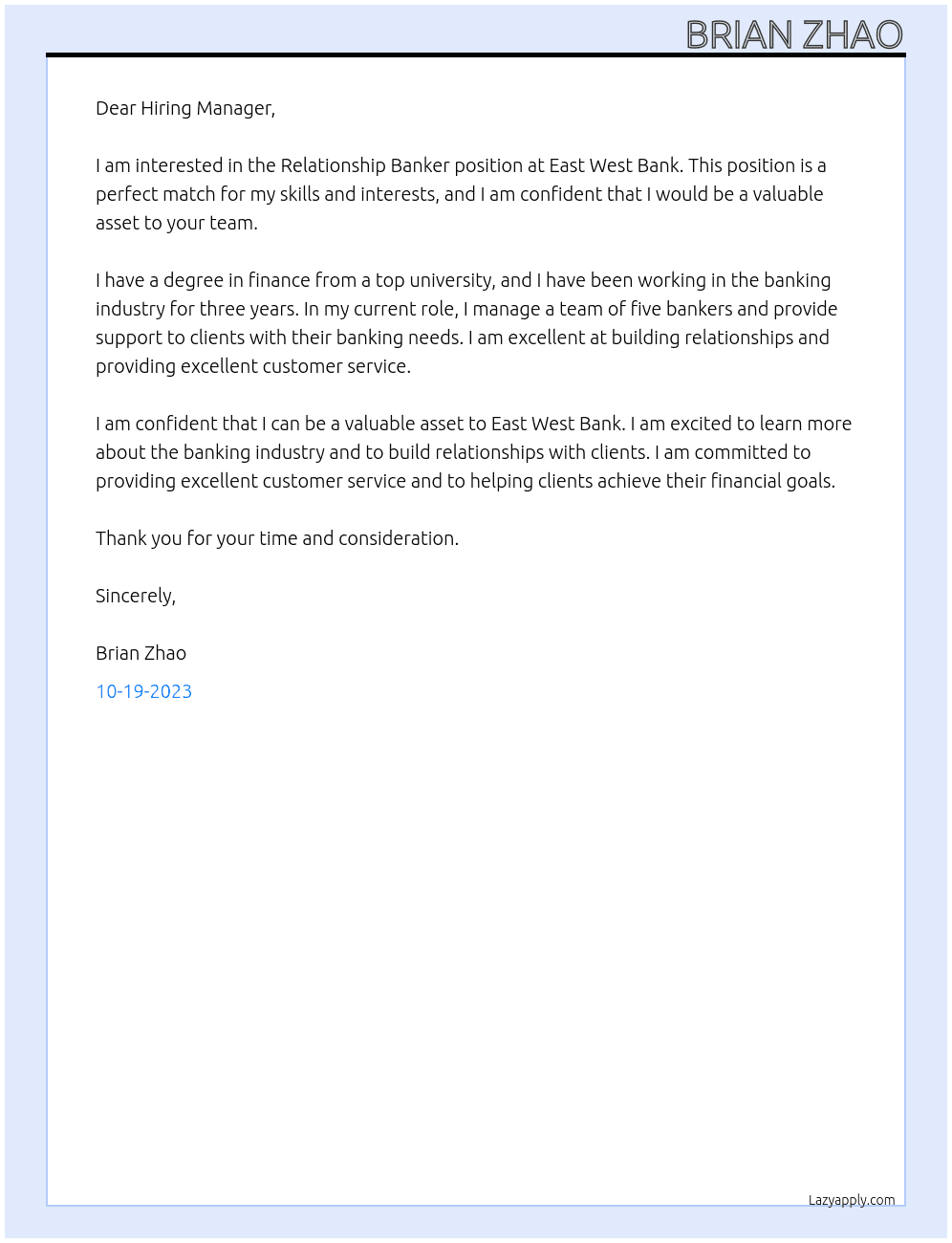 Relationship Banker At East West Bank Cover Letter