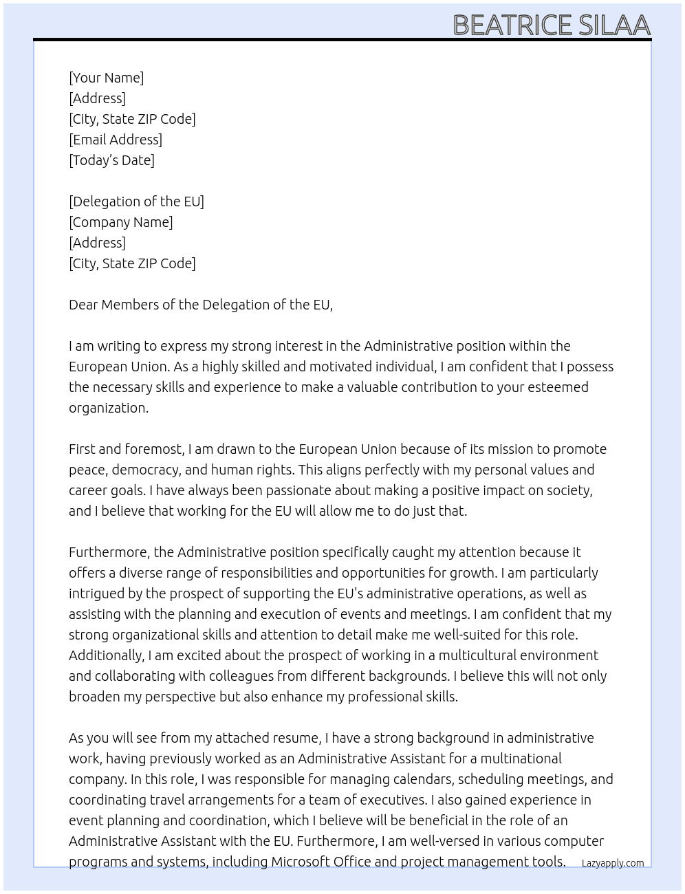 Administrative At EUROPEAN UNION Cover Letter