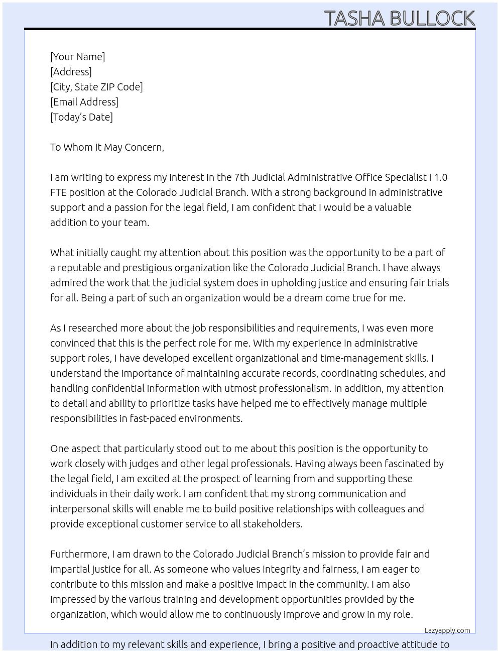 7th Judicial Administrative Office Specialist I 1.0 FTE At Colorado Judicial Branch Cover Letter